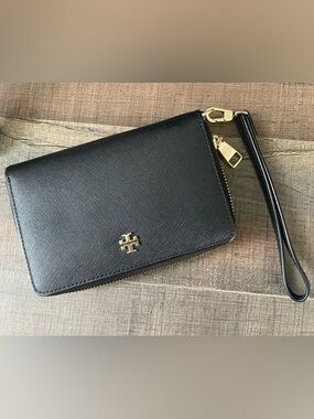 Tory Burch Black Leather zip around Wristlet with Gold tone Logo